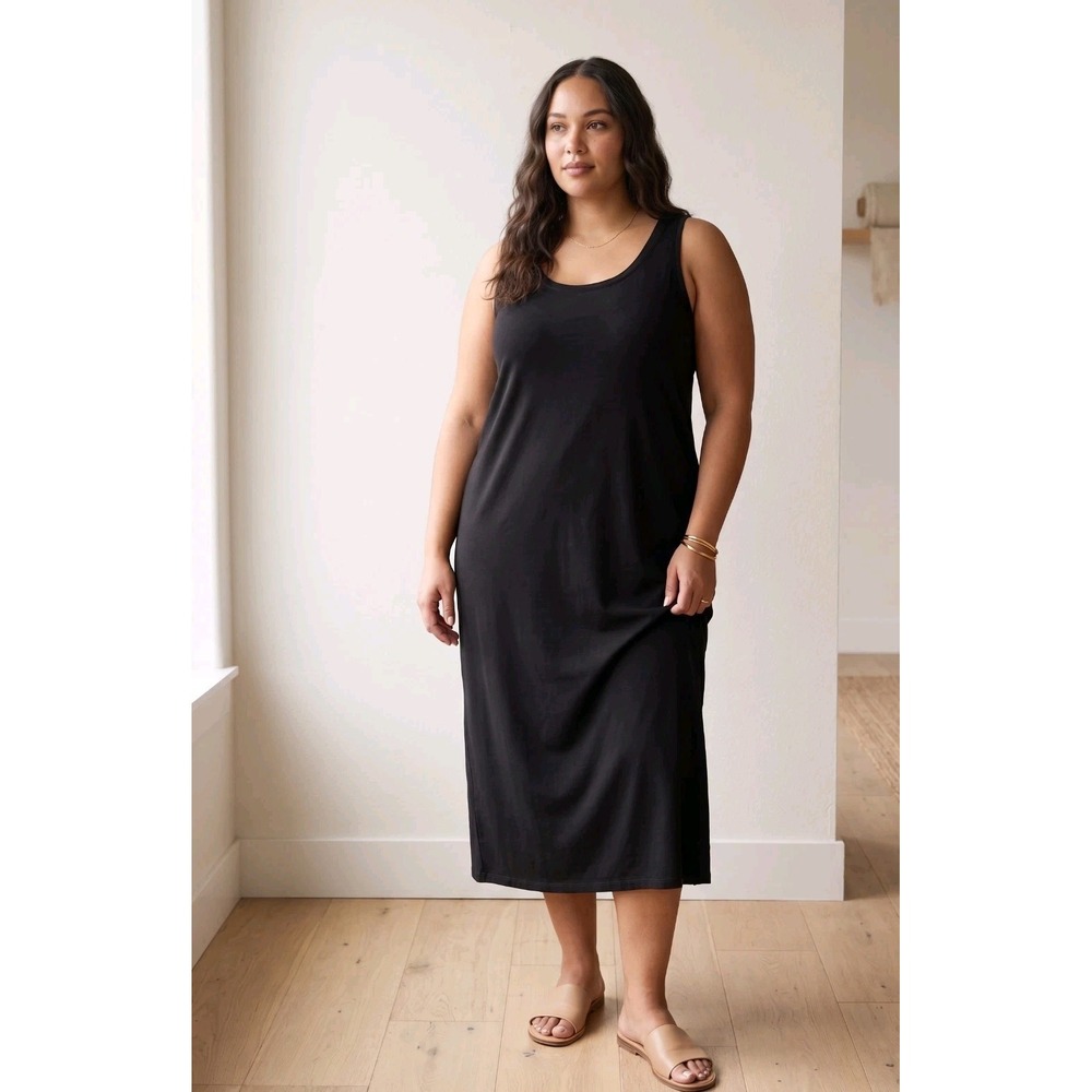 Eileen Fisher Dress 2X Black Sleeveless Tank Minimalist Midi Soft Jersey Stretch
